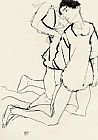 Egon Schiele Canvas Paintings - Two Kneeling Figures Parallelogram